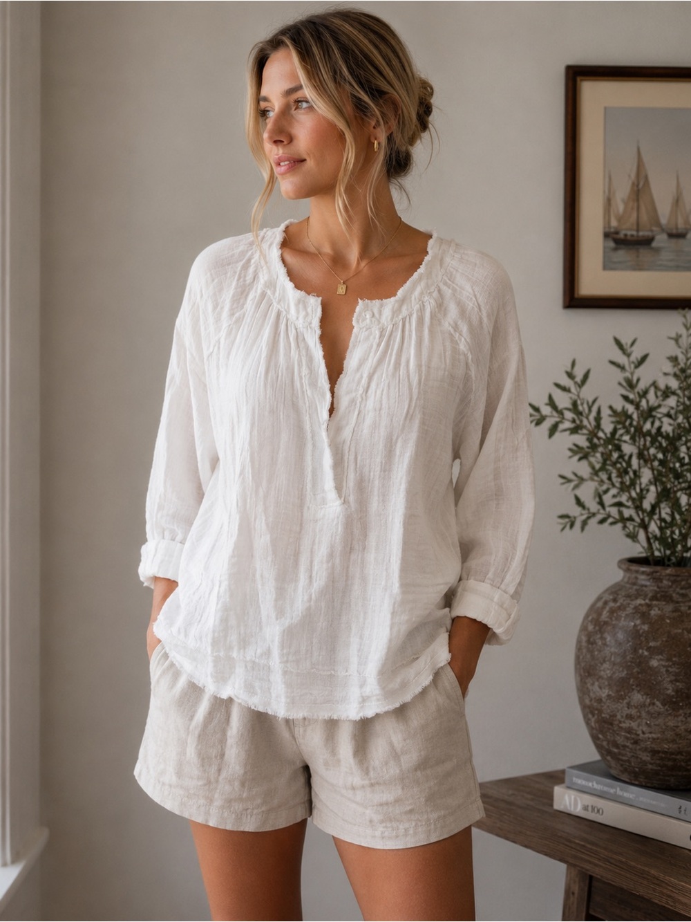 NATURAL LIFE White Textured Gauze Pullover Blouse